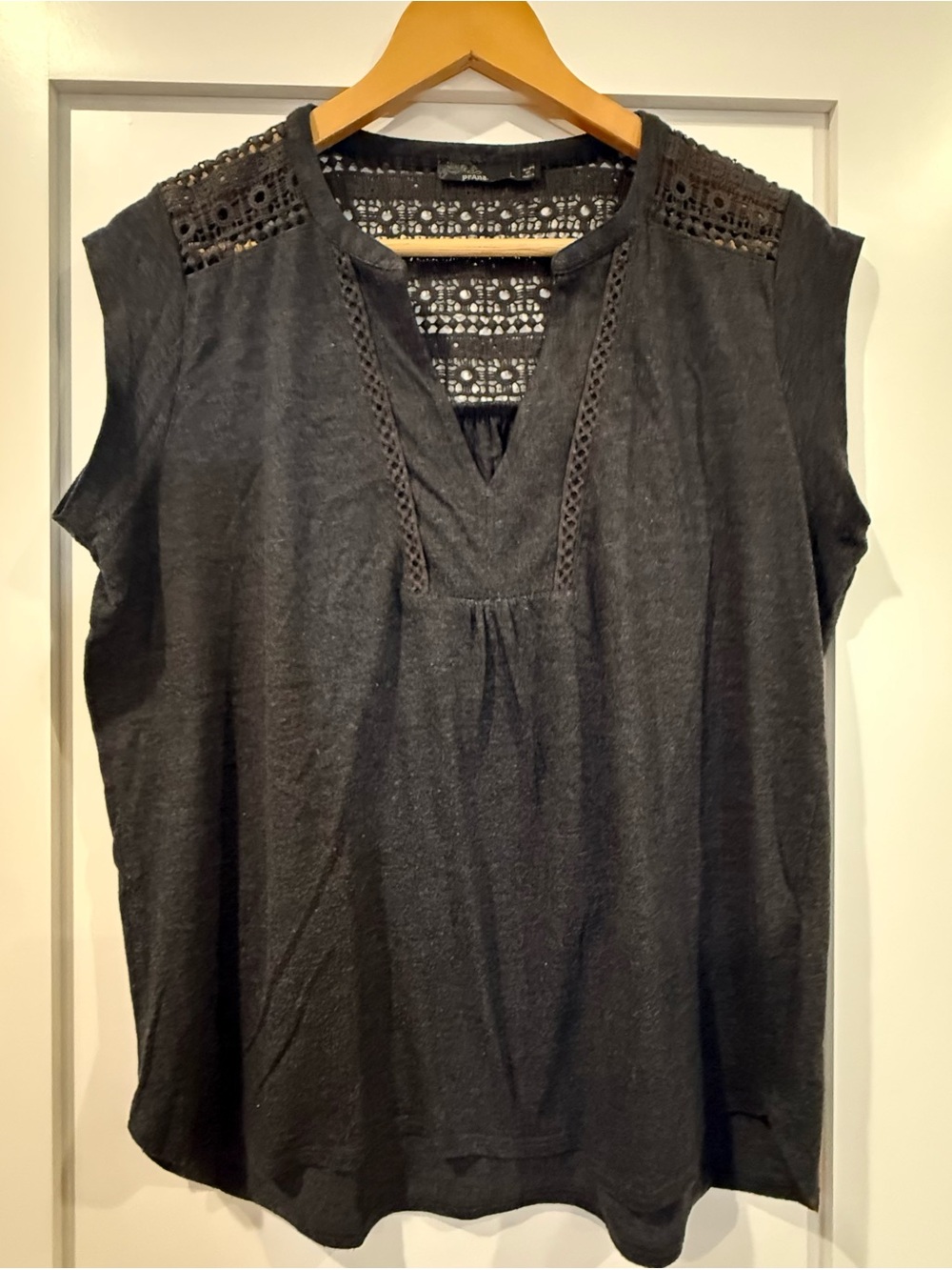 Prana Black Crochet Yoke Cap Sleeve Top